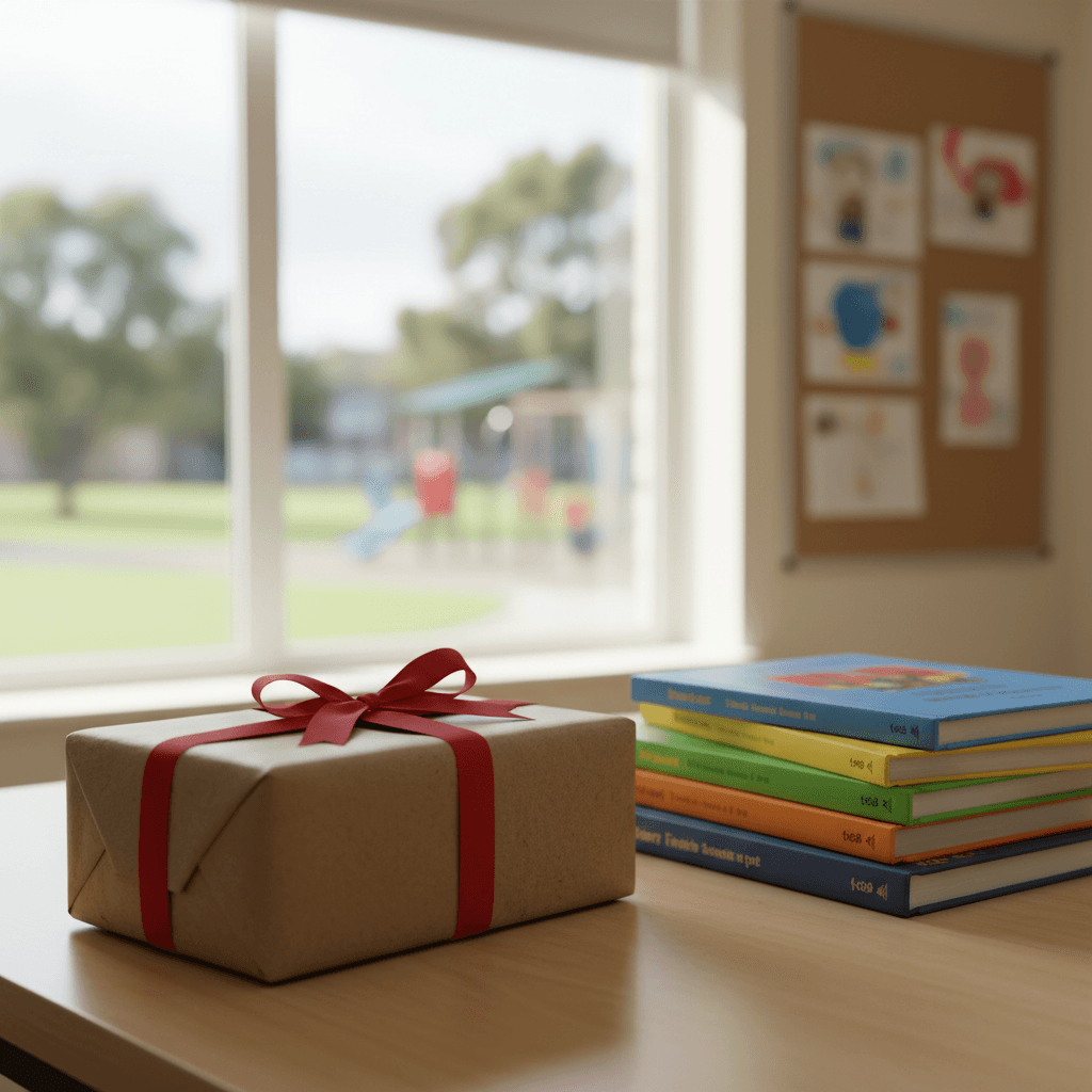 Wrapped present with a bow next to a stack of children's books