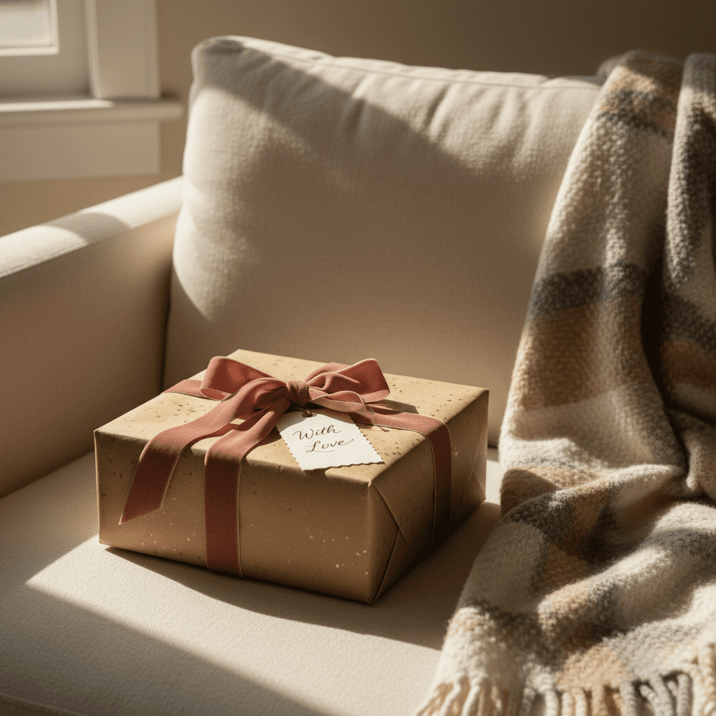 Gift box with ribbon on a cozy couch beside a plaid blanket
