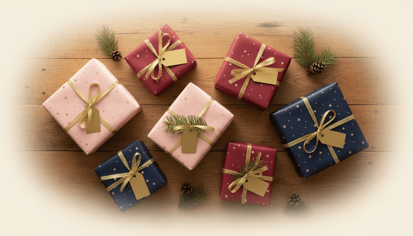 Holiday presents wrapped in pink, red, and navy paper on a wooden table with pine sprigs