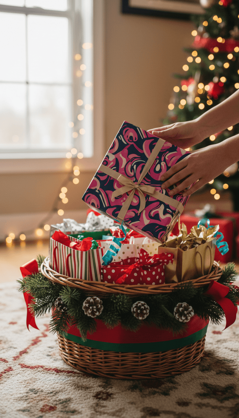 Hands placing a wrapped gift into a donation bin surrounded by holiday presents