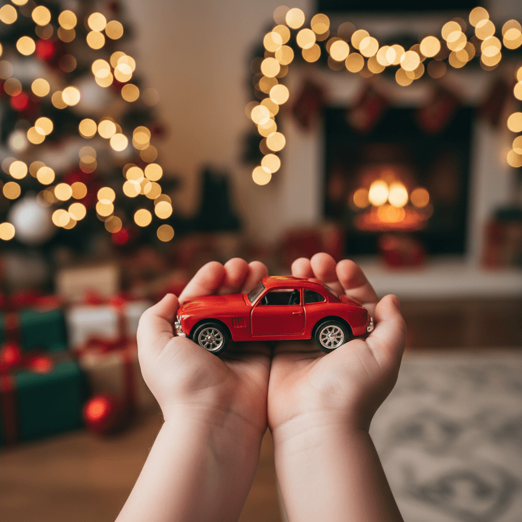 Child's hands holding a small toy car in a warm living room