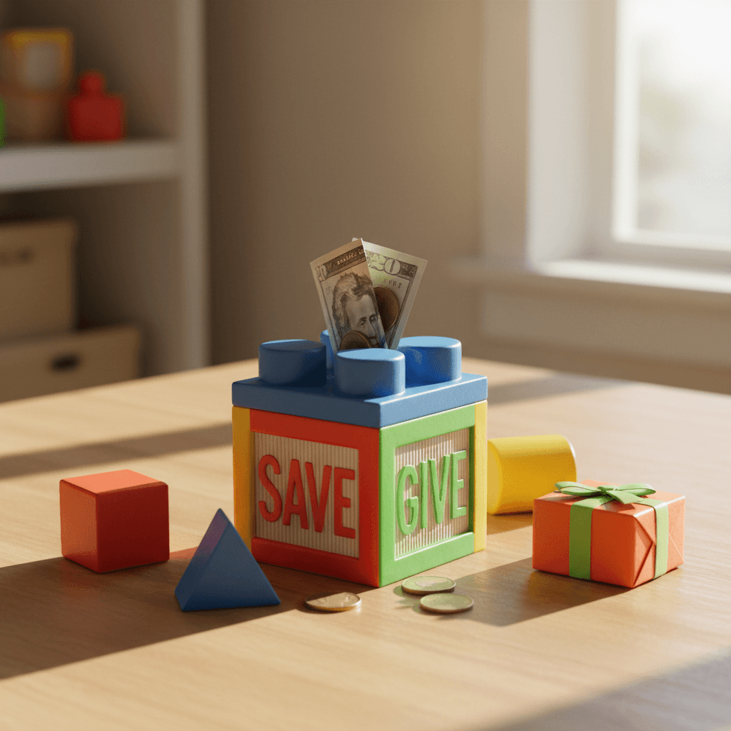 Toy block shaped piggy bank with colorful blocks and a small gift