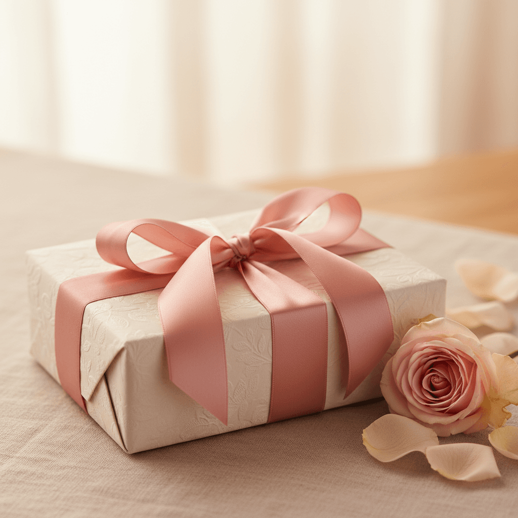 Teen hands wrapping a Christmas gift with red ribbon