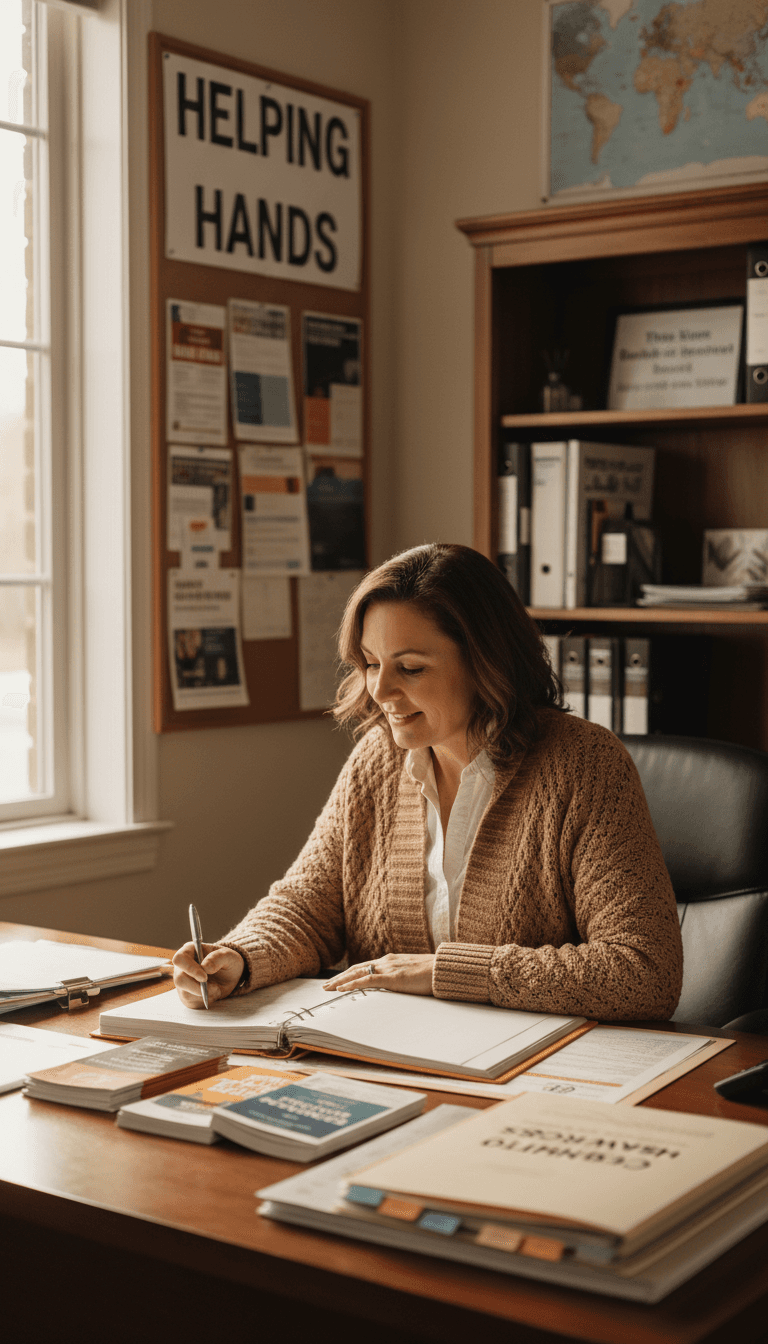 Smiling social worker holding a clipboard beside wrapped gifts in a bright office