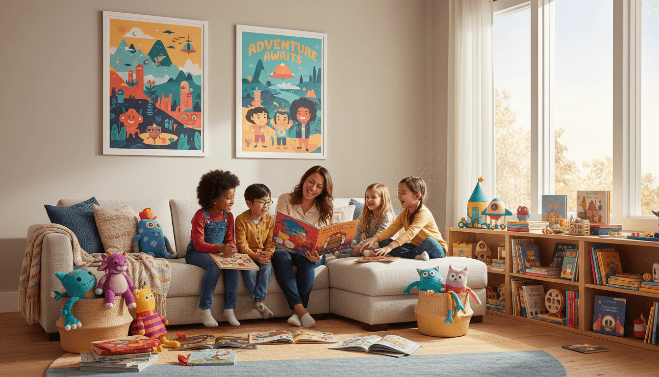 Black family smiling together on a couch with toys nearby in a sunlit living room