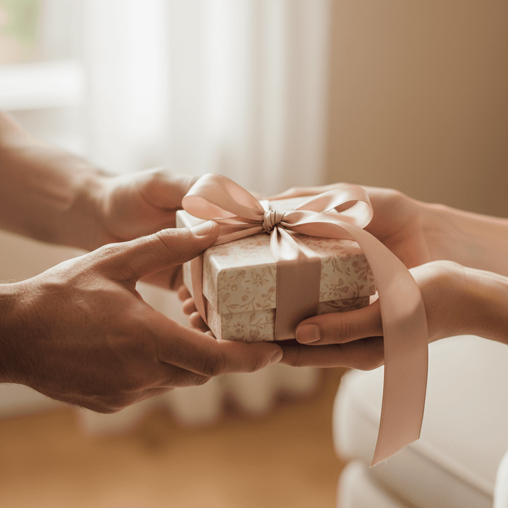 Child's hands wrapping a gift with pink ribbon in warm natural light